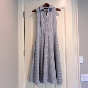 Chetta B blue and white stripe button up dress with collar. Sleeveless size 6